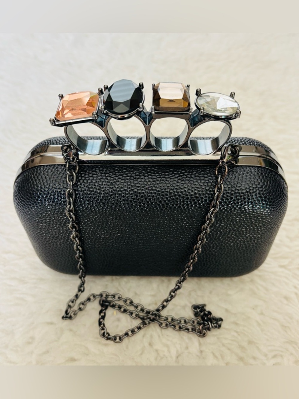 Bebe Black Jeweled Knuckle-Handle Small Evening bag size 6”x4”x3”